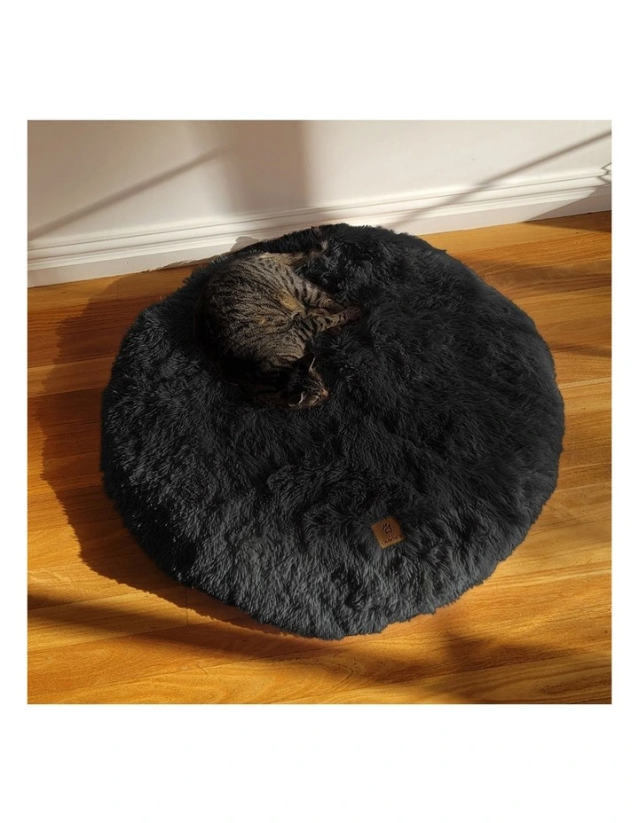 Shaggy Faux Fur Round Calming Dog Mat in Charcoal