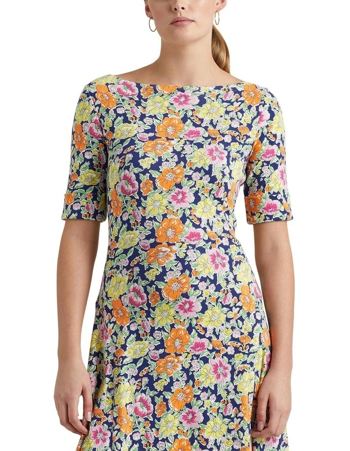 Floral Stretch Cotton Midi Dress in Blue