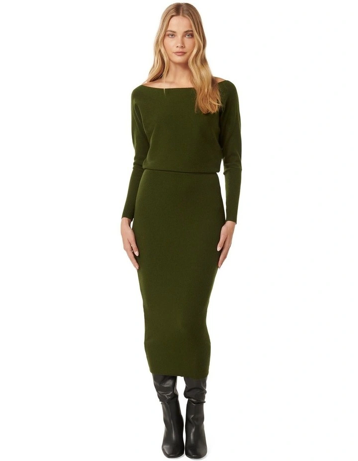 Ciara Tipped Shoulder Midi Dress in Green