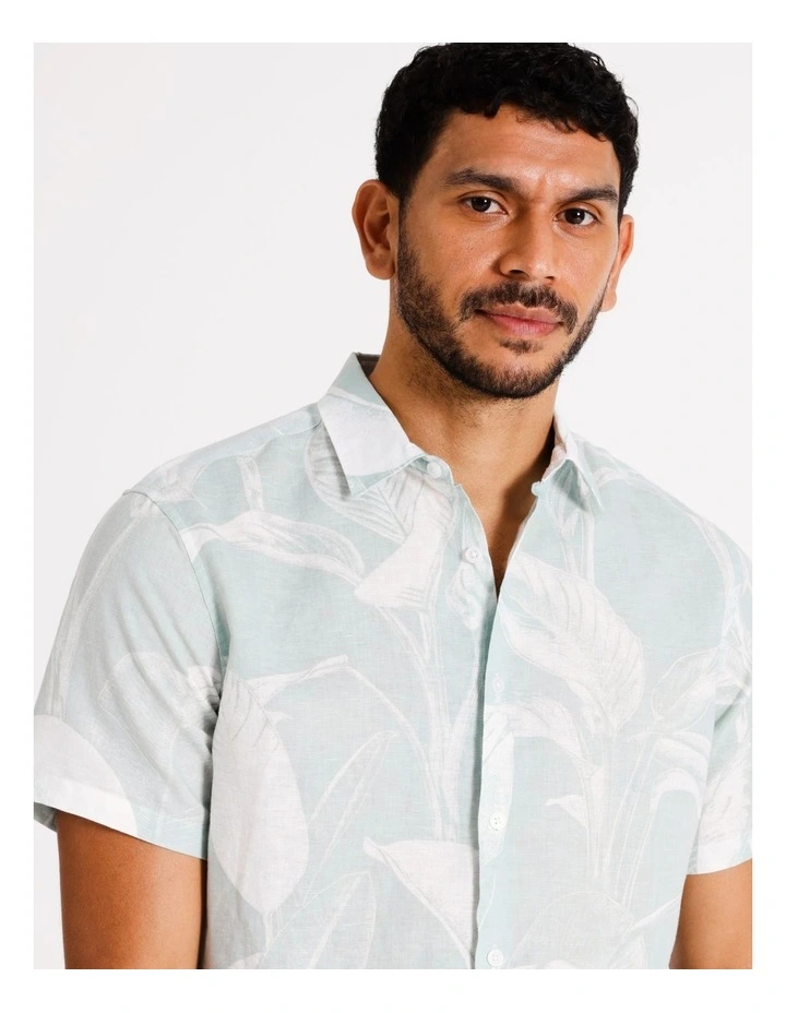 Tate Floral Print Short Sleeve Linen Blend Shirt in White
