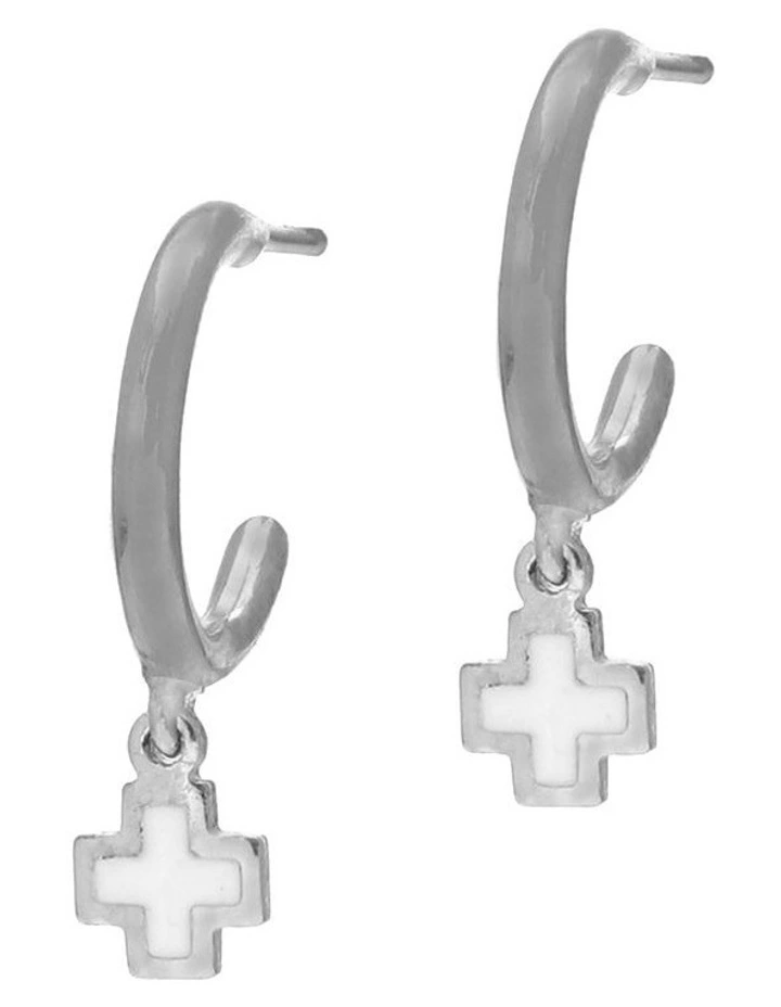 Tiny Shiny Earrings w/ Enamel Cross Silver