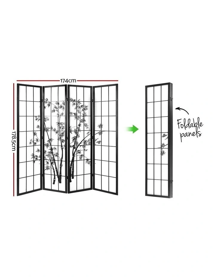 Room Divider Screen Bamboo 4 Panel 174x179cm in Black White