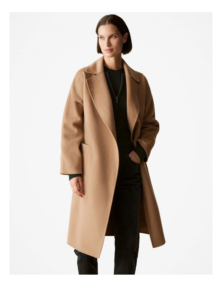 Double Faced Wool Belted Wrap Coat in Camel