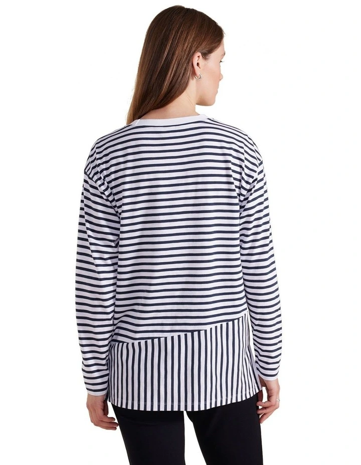 Long Sleeve Spliced Stripe Tee in Black