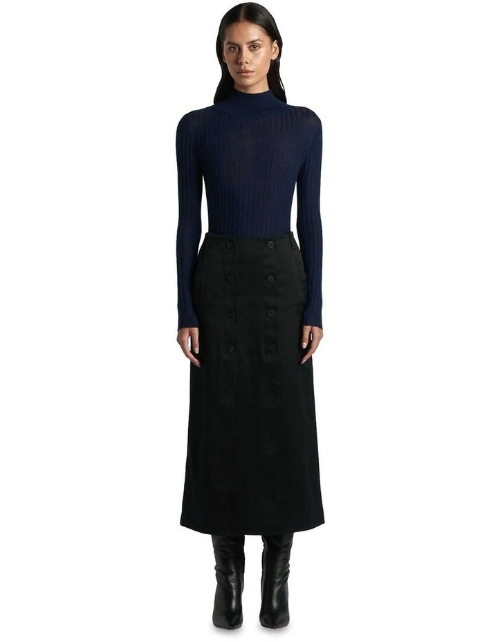 Cotton Button Maxi Skirt in Black