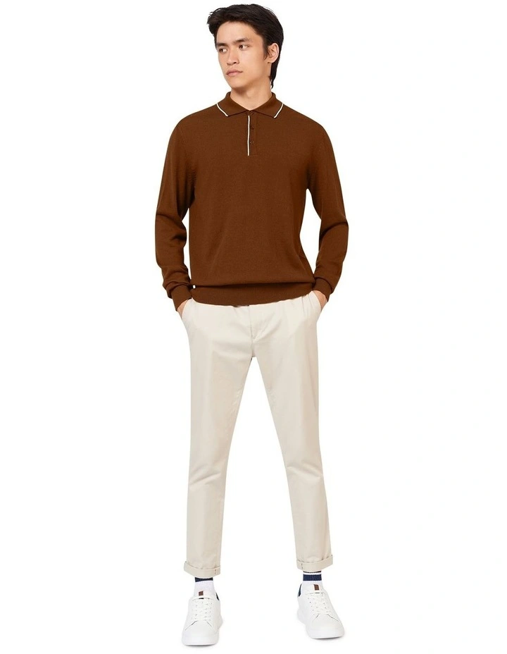 Tipped Merino Polo Shirt in Brown