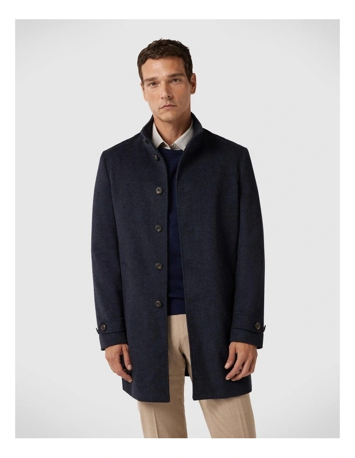 Wool Blend Funnel Neck Coat in Navy