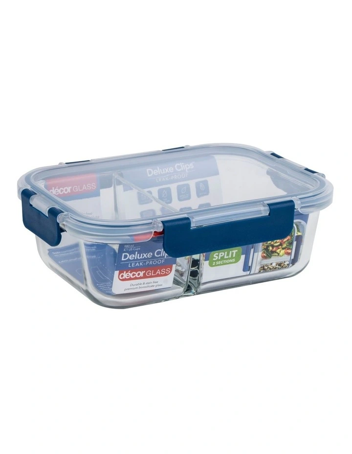Deluxe Clips Glass Split Oblong Food Storage 980ml in Blue