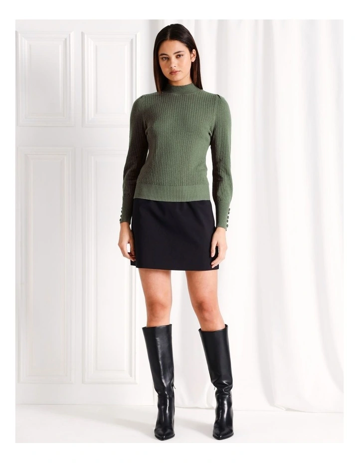 Crochet Button Detail Rib Knit Jumper in Khaki
