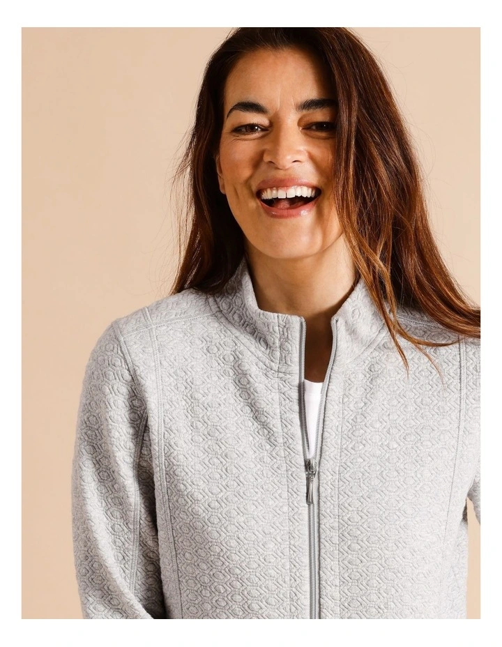 Recycled Polyester Blend Zip Thru Circle Jacquard Sweat Top In Grey Marle