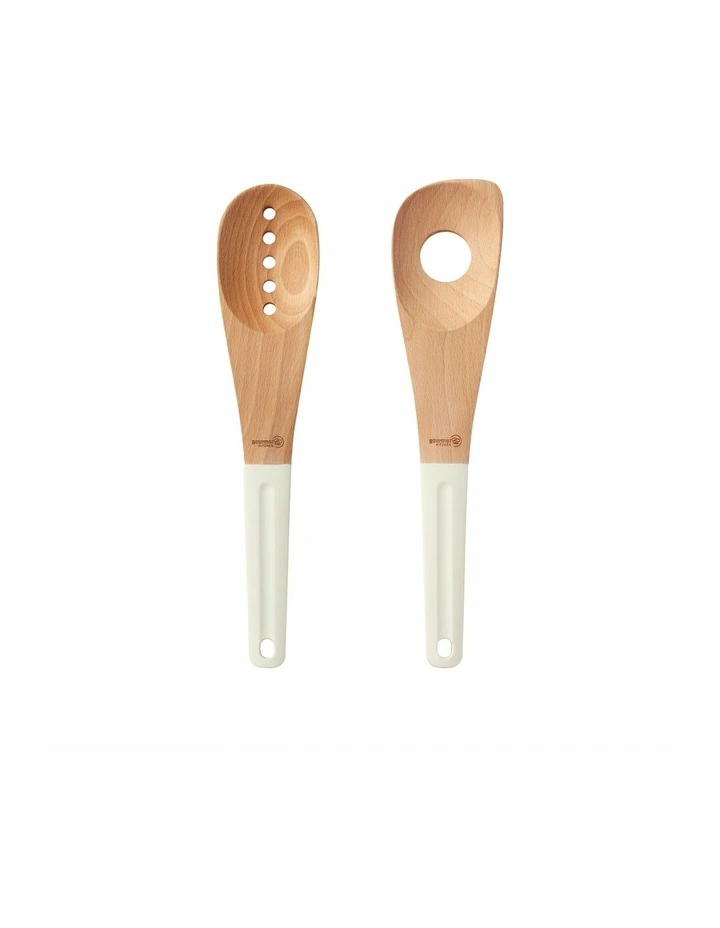 Modern Beech Wood Spoon Set with Silicone Grip 2 Piece in White