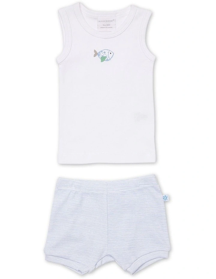 Fish Singlet and Shorts Set in White/Blue Stripe