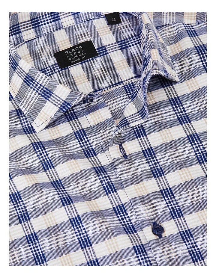 Tailored Fit Long Sleeve Twill Check Shirt in Tan Navy