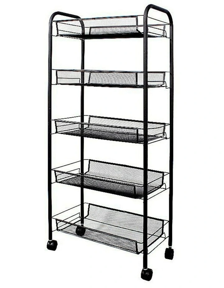 5 Tier Steel Bee Mesh Kitchen Storage Organizer with Wheels in Black