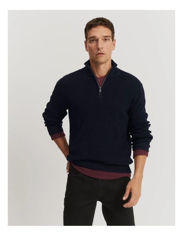 Australian Cotton Textured Half Zip Sweat in Navy