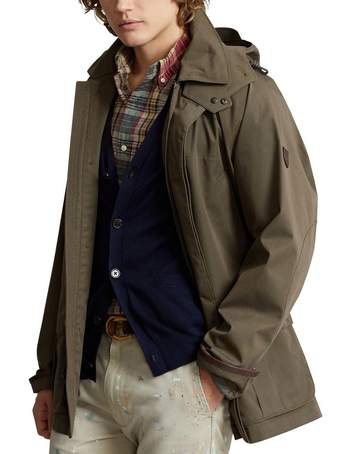Twill Hooded Car Coat in Green