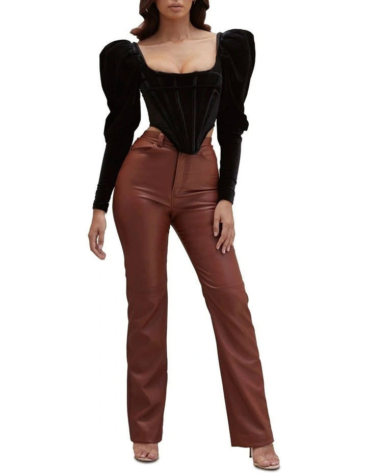Inaya Stretch Vegan Leather Trousers in Brown