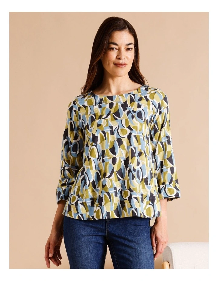 Organic Cotton Blend 3/4 Sleeve Swing Top in Blues/Greys/Olive Abstract