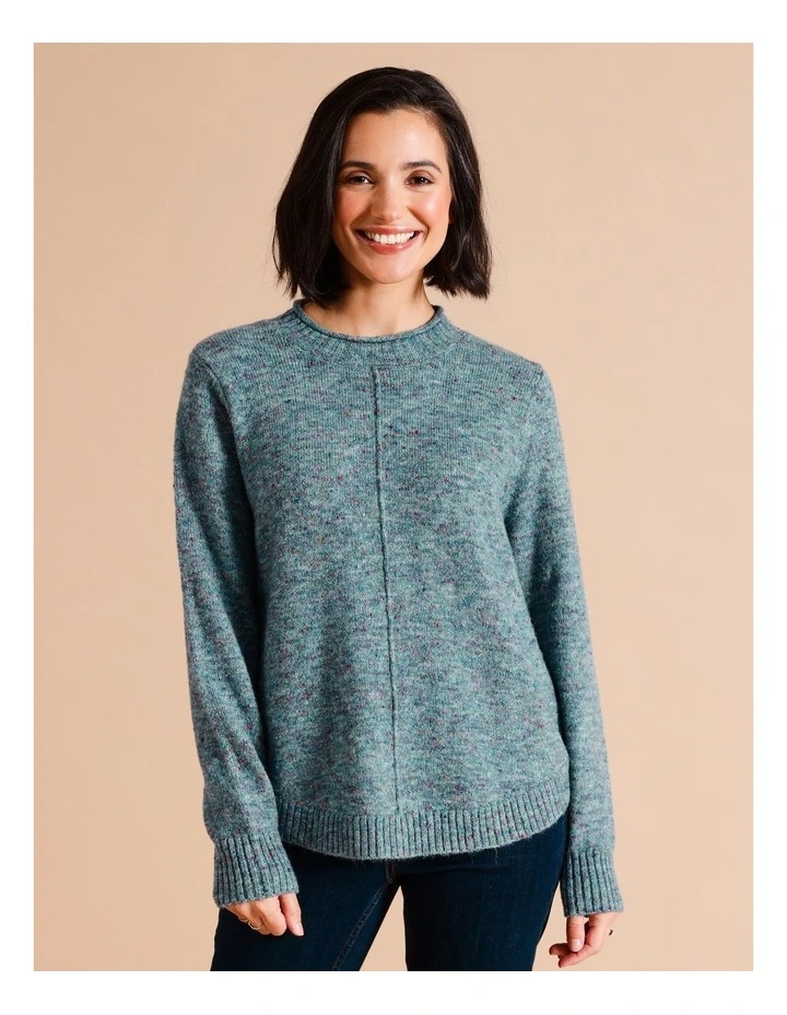 Recycled Polyester Blend Curved Hem Jumper With CF Seam In Teal Muti Fleck