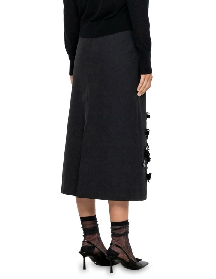 Taffeta Sequin Flower Midi Skirt in Black