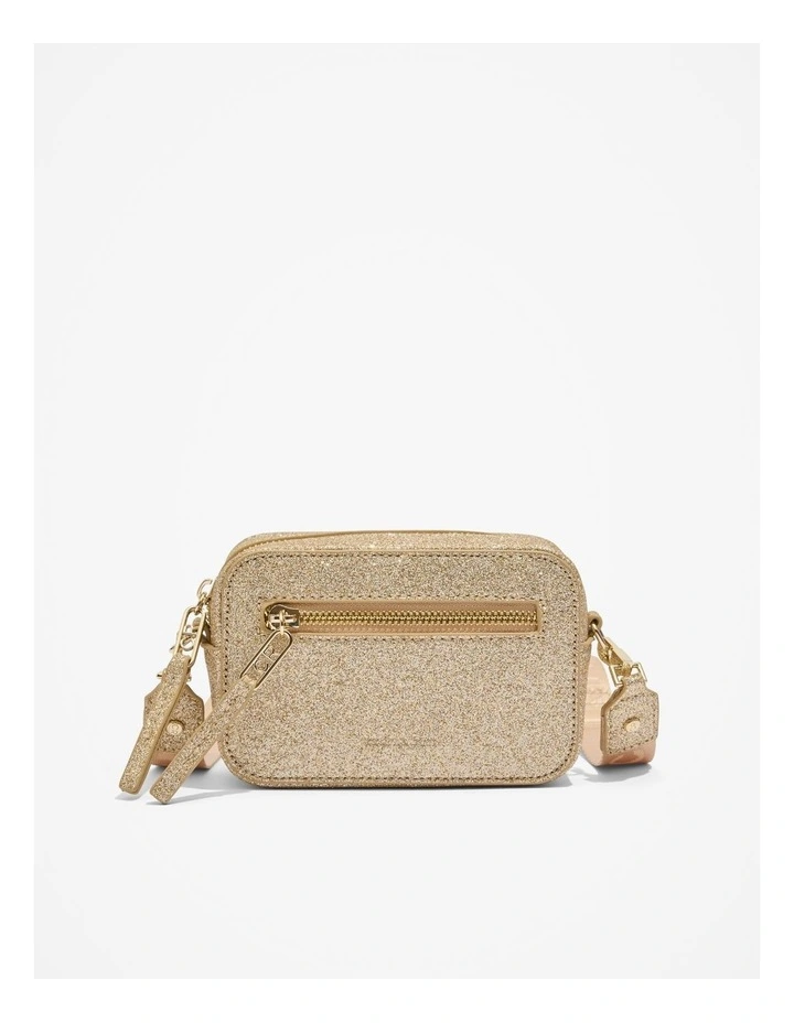 Recycled Polyester Logo Crossbody Bag in Gold Glitter