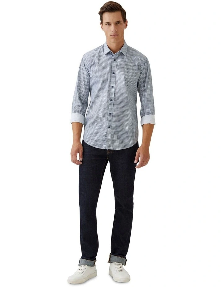Kenton Printed Cotton Shirt in Navy/Blue