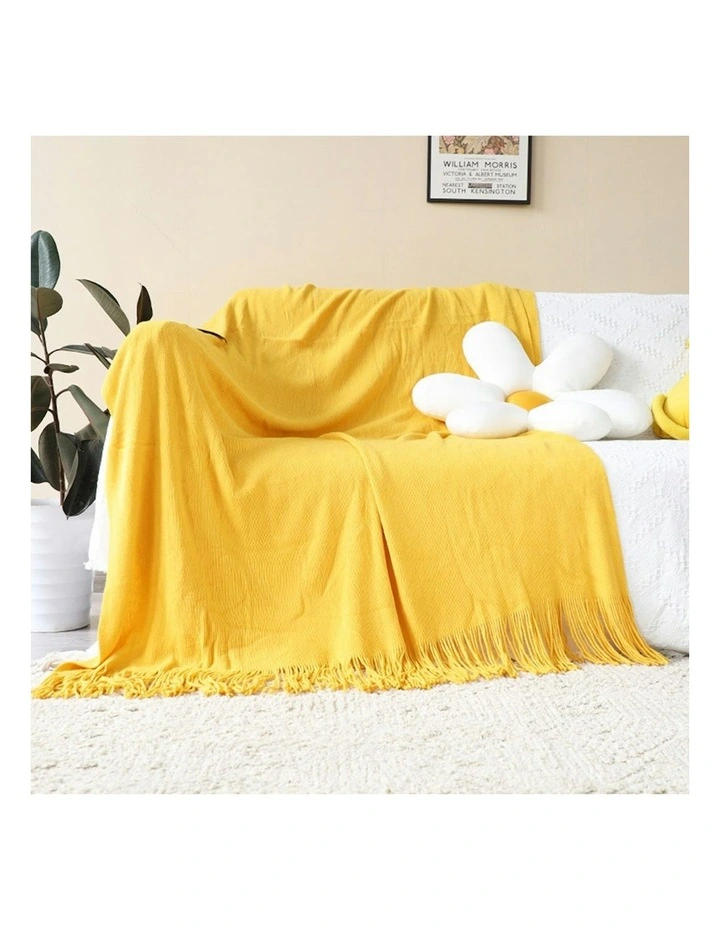 Acrylic Solid Knitted Throw Blanket in Yellow
