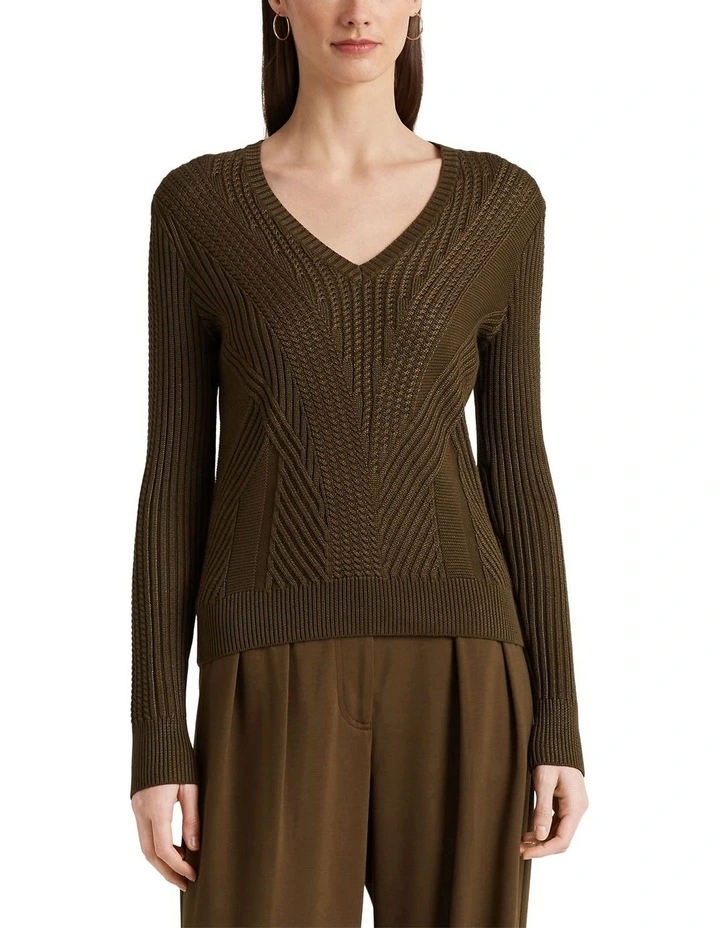 Mixed-Knit Cotton-Blend V-Neck Sweater in Green