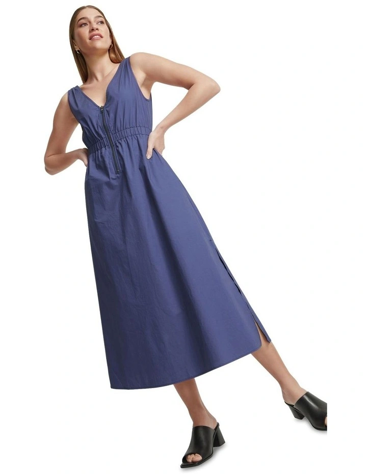 Leona Zip Up Cotton Dress in Steel Blue