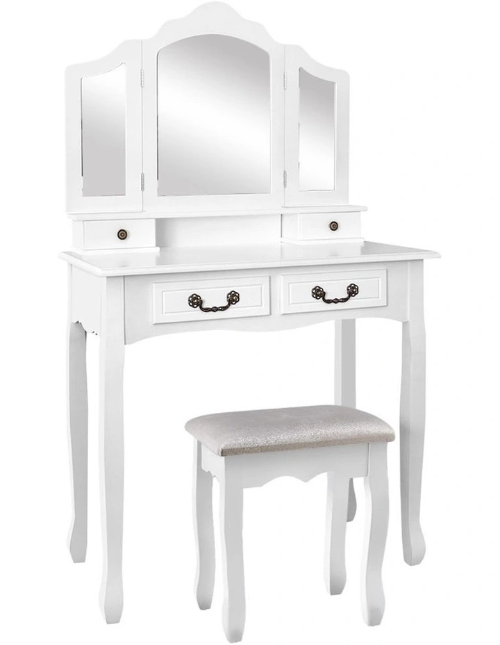 Foldable Mirror Dressing Table Stool Set in White