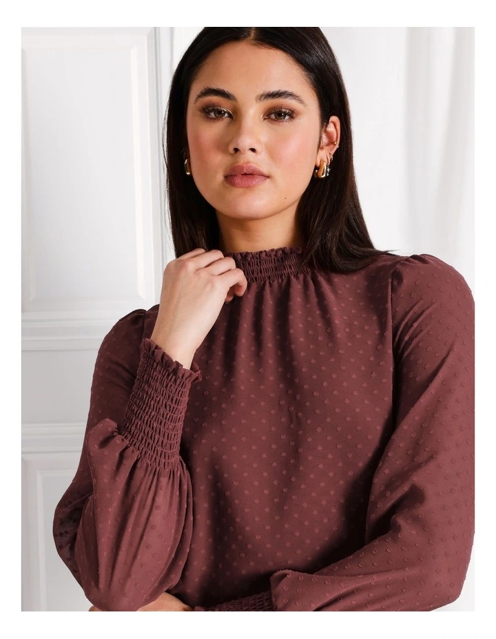 High Neck Shirred Blouse in Wine