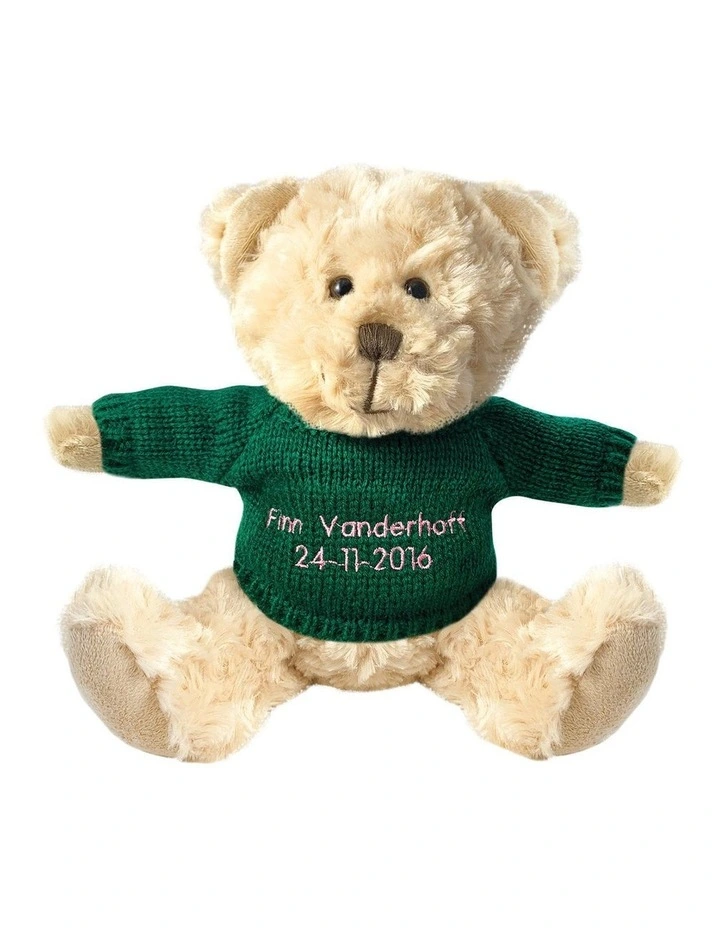 Personalised Beige Bear With Dark Green Knitted Jumper