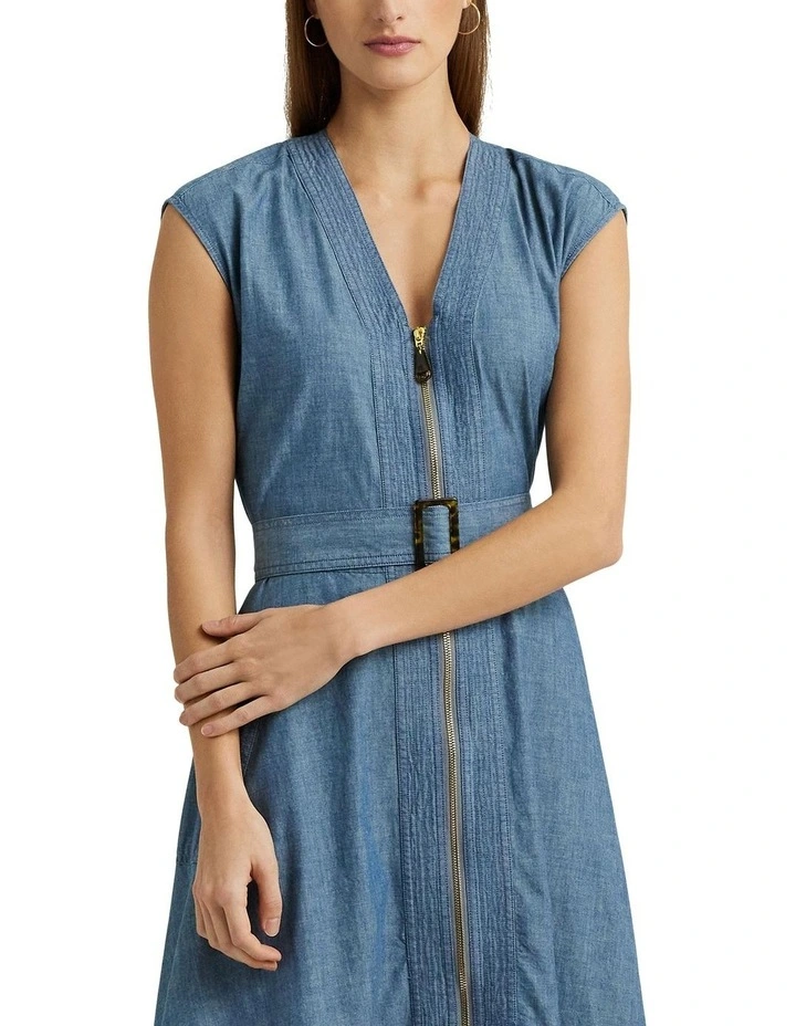 Belted Denim Cap-Sleeve Dress in Blue