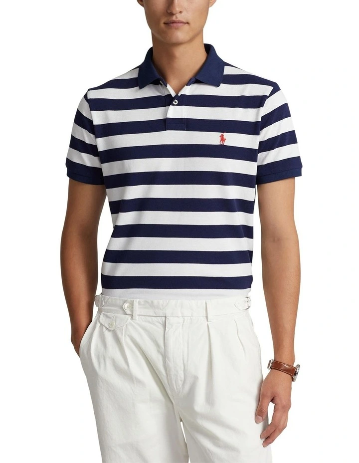Custom Slim Fit Striped Mesh Polo Shirt in Navy