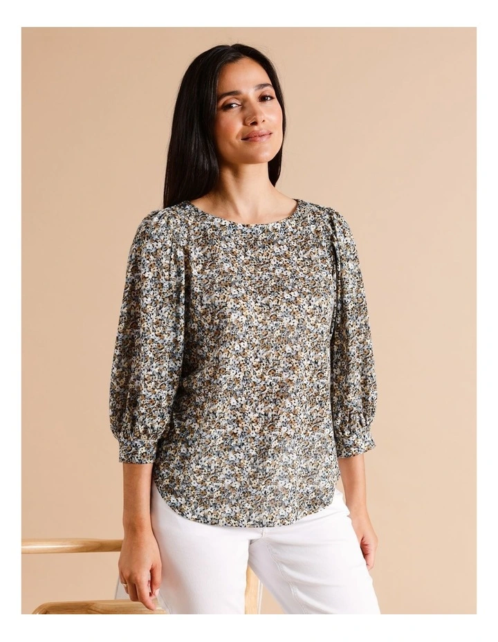 Recycled Polyester Blend 3/4 Blouson Sleeve Burnout Tee in Ditsy Floral
