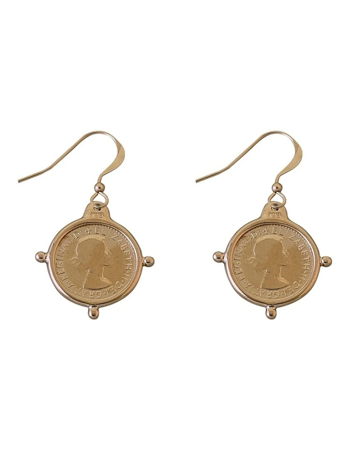 Hook Compass Frame Threepence Gold Drop Earrings