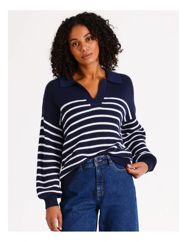 Organic Collared Striped Jumper in Navy