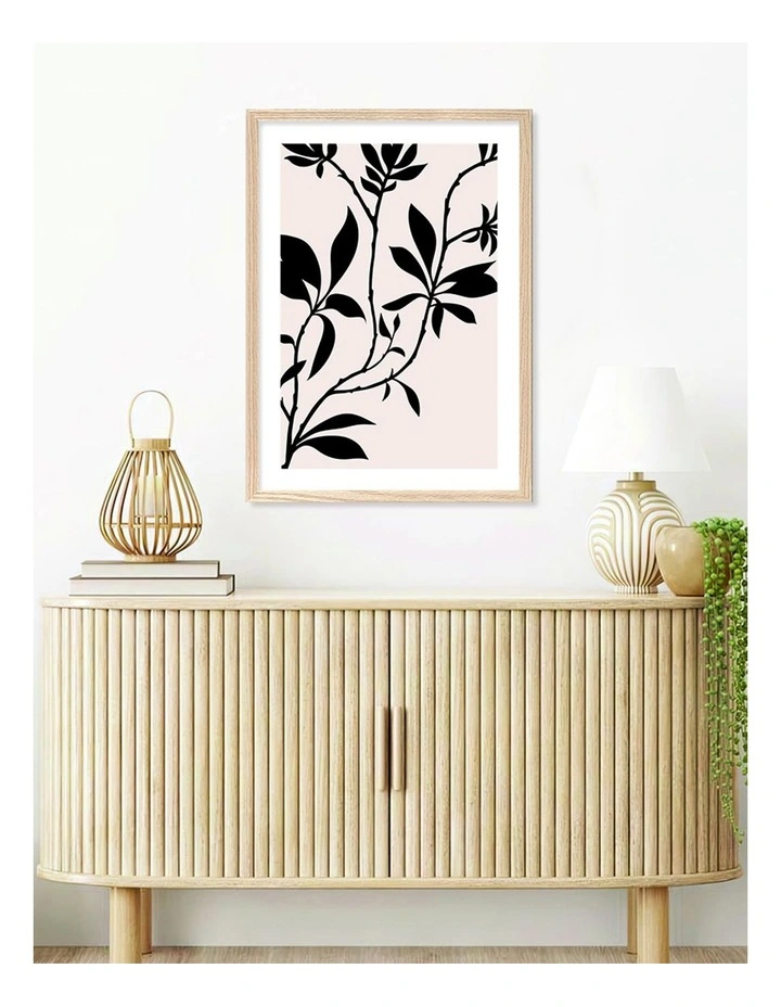 Australian Made Silhouette Branch Leaves Day Art Print A2 in Natural Frame