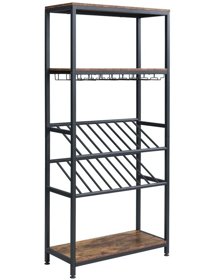 5-Tier Open Metal & Faux Antique 16 Bottles 24 Glasses Wine Rack in Brown