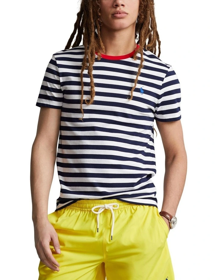 Custom Slim Fit Striped Jersey T-Shirt in Navy