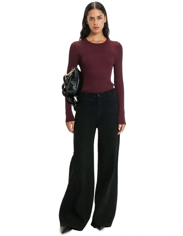 Multi Rib Round Neck Knit Jumper in Pinot