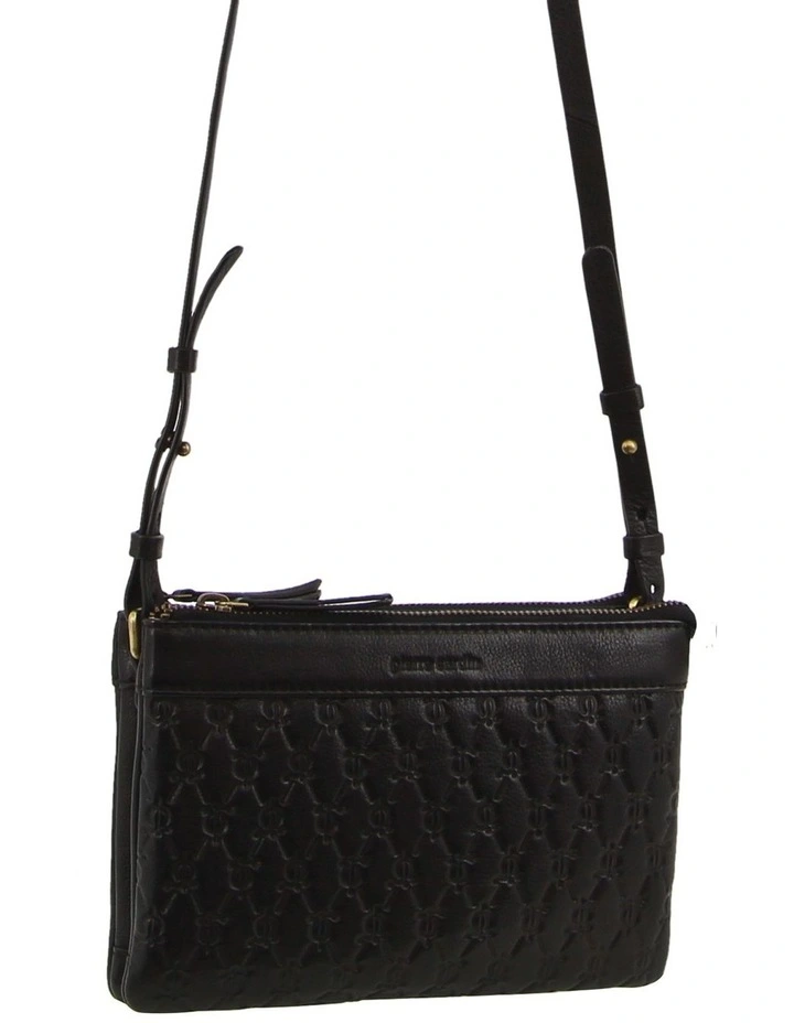 Pleated-Design Leather Cross-Body Bag in Black