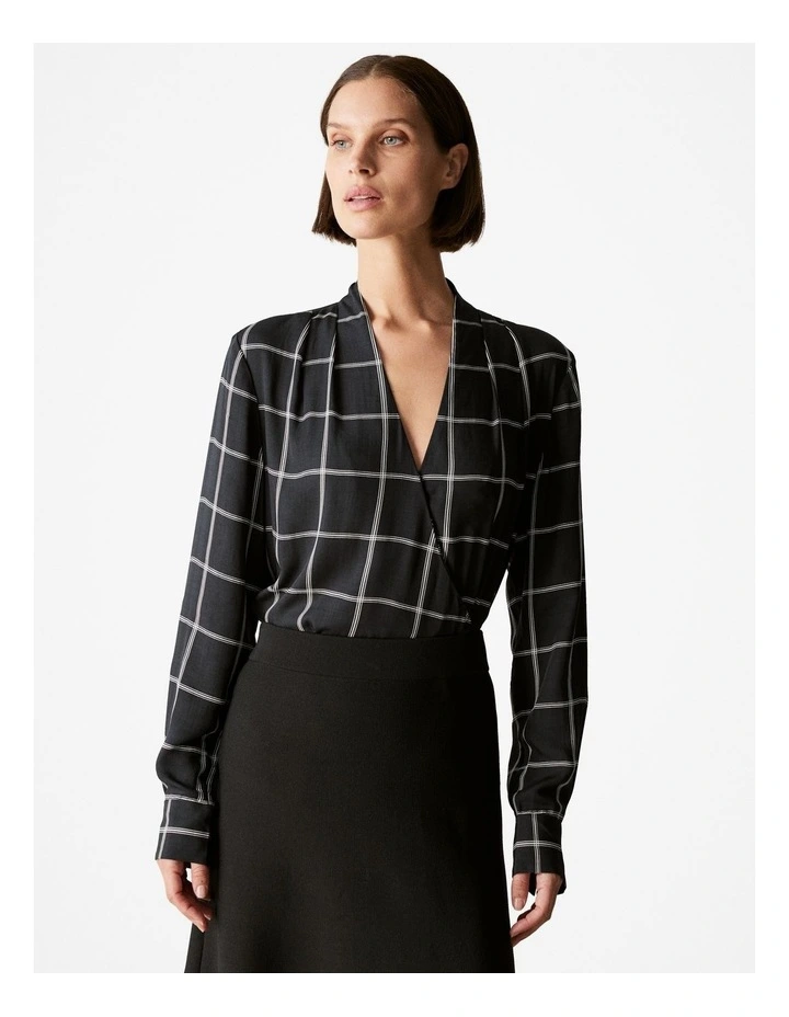 Modal Windowpane Check V Neck Blouse in Black