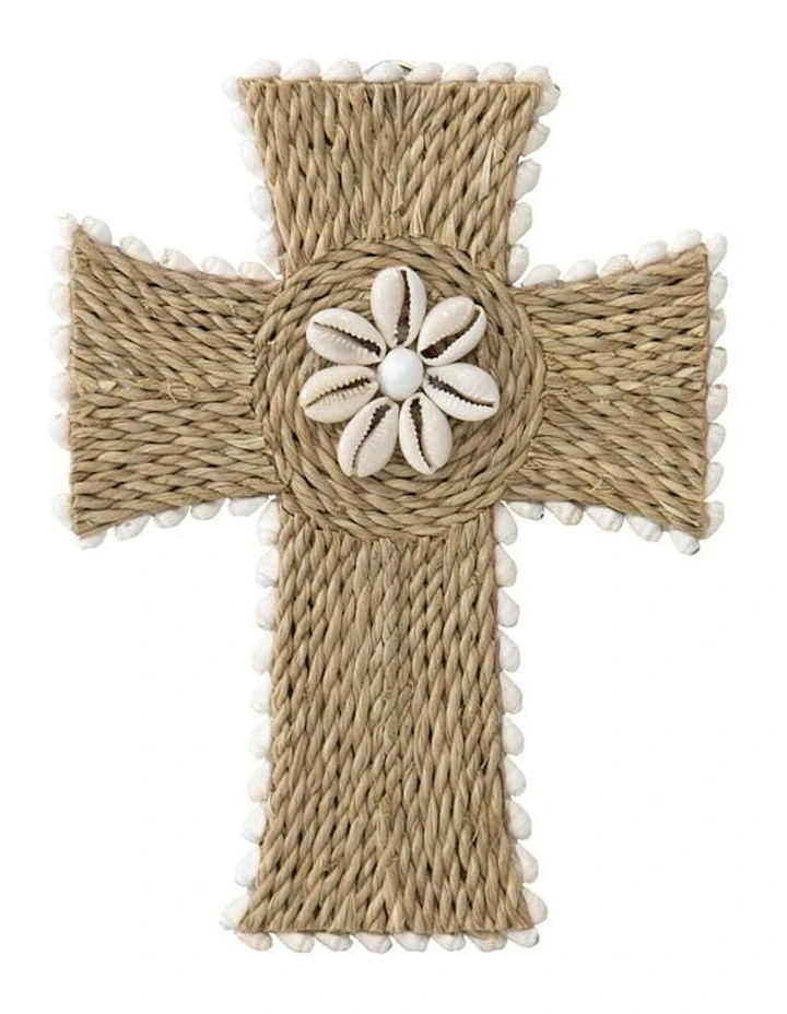 Handcrafted Shell and Broad Weave Cross Wall Art in Brown