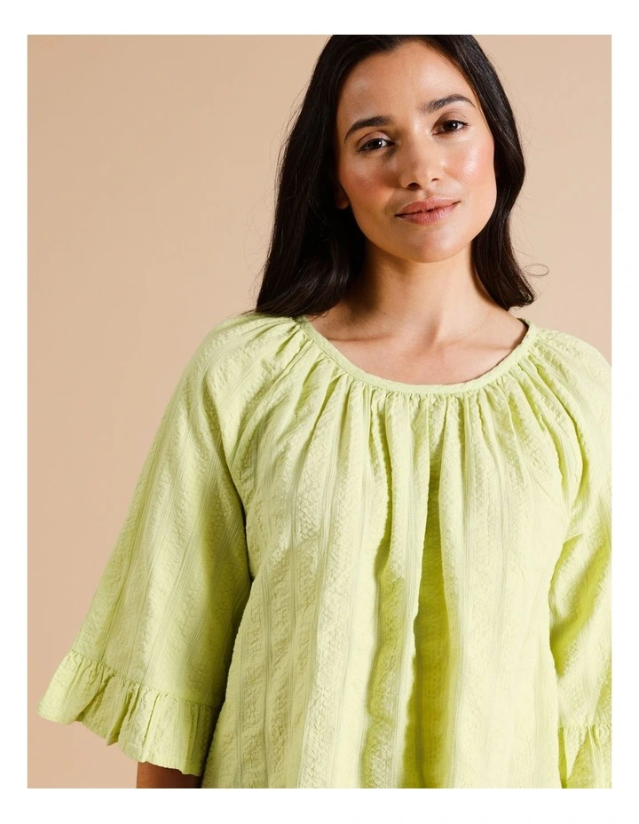Short Frill Sleeve Top With Gathered Neck in Lime