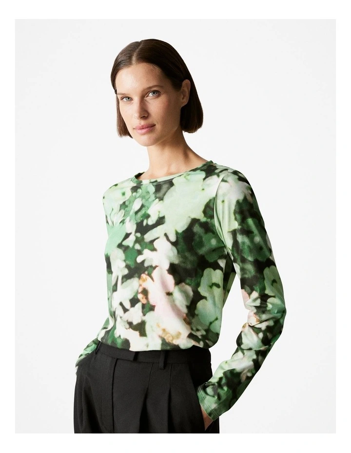 Pima Cotton Blurred Floral T-shirt in Dark Green