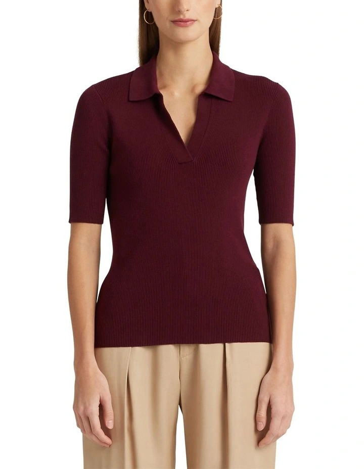 Rib-Knit Cotton-Blend Polo Sweater in Red