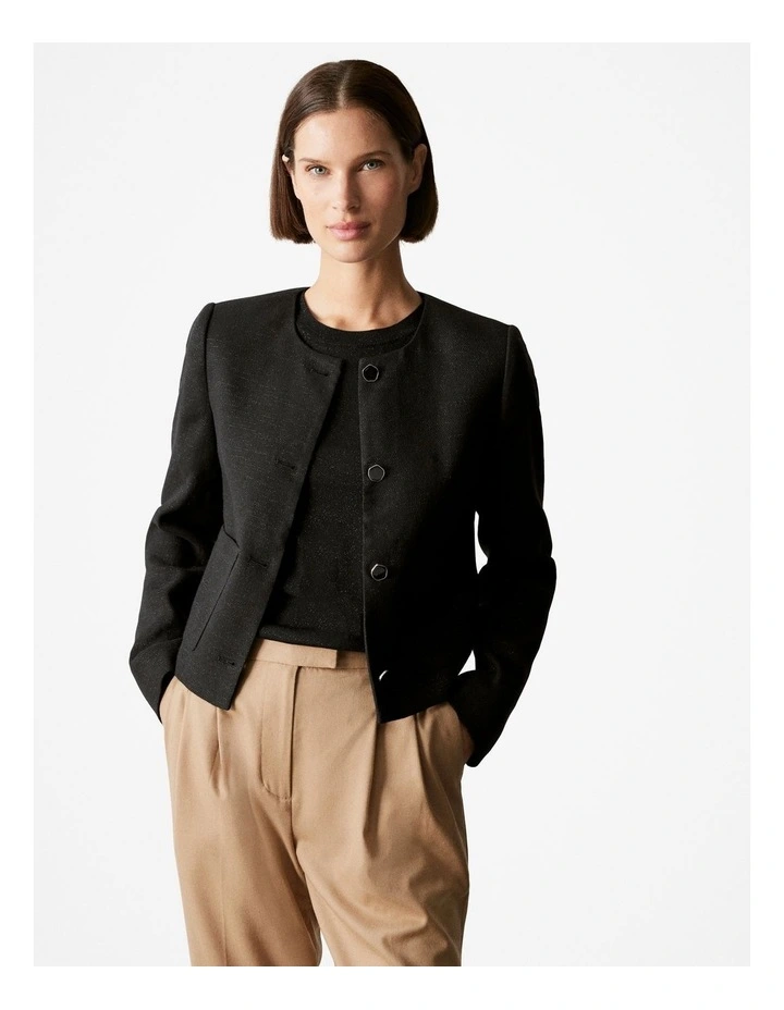 Linen Blend Metallic Cropped Jacket in Black