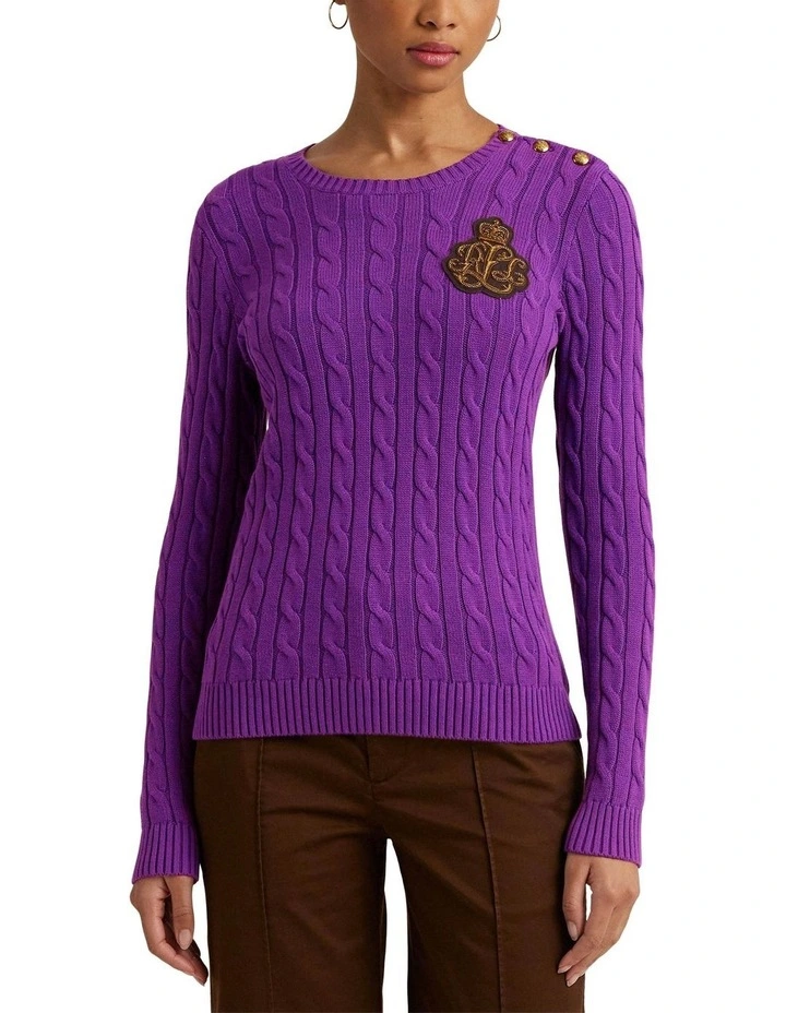 Button-Trim Cable-Knit Cotton Sweater in