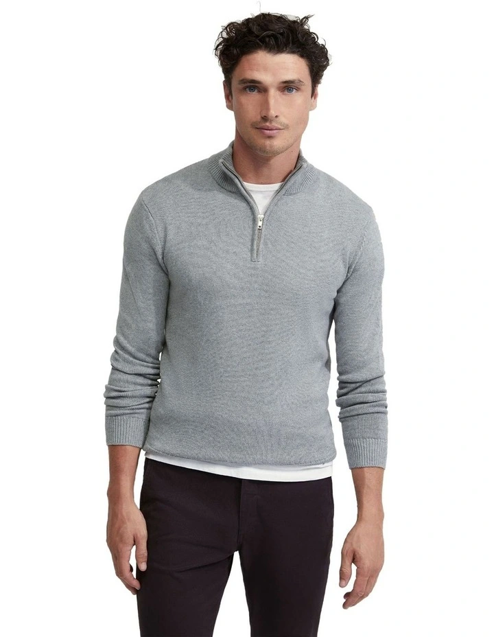 Robert Zip Neck Cotton Knit in Melange Grey